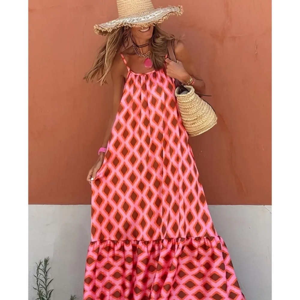 Women’s Pink Geometric Maxi Dress - Sleeveless Summer Dress - Picture 3 of 6
